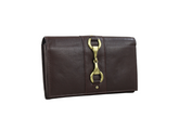 Brown leather wallet with gold clasp on a white background